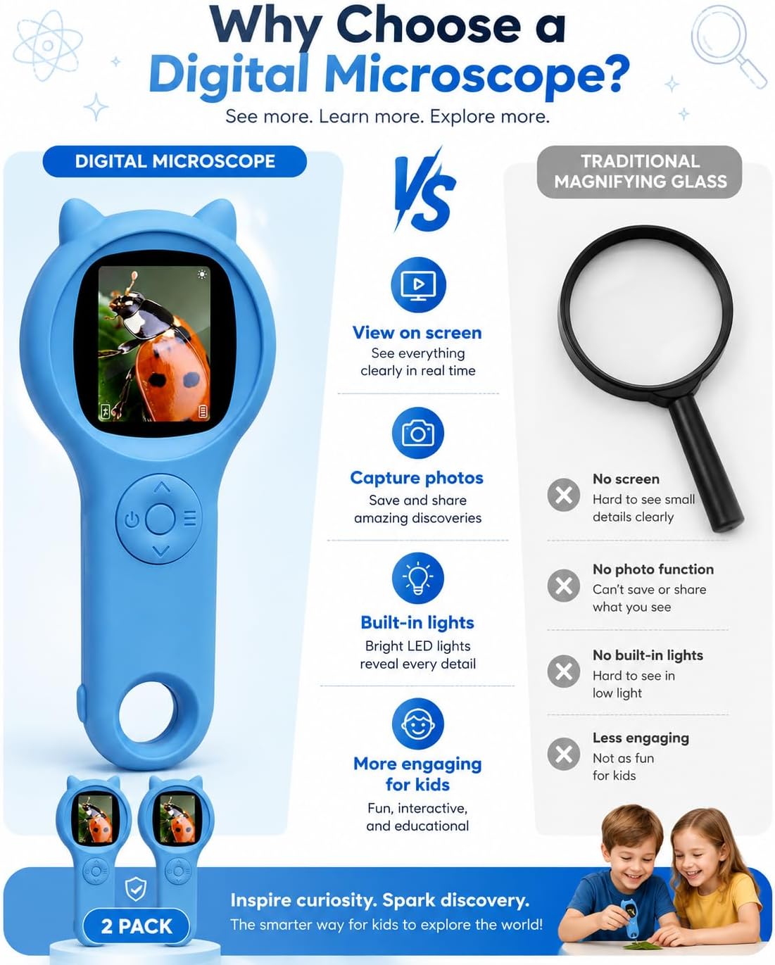 Kids Microscope, 500X Digital Magnifying Glass, Explore STEM Toy - Blue / 2 Pcs - image 2