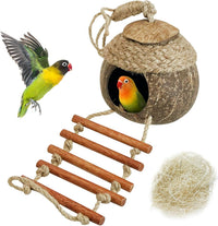 Natural Coconut Hide with Ladder Perches Hanging Bird House Toy - 1pc Coconut Hide with Ladder &Rope