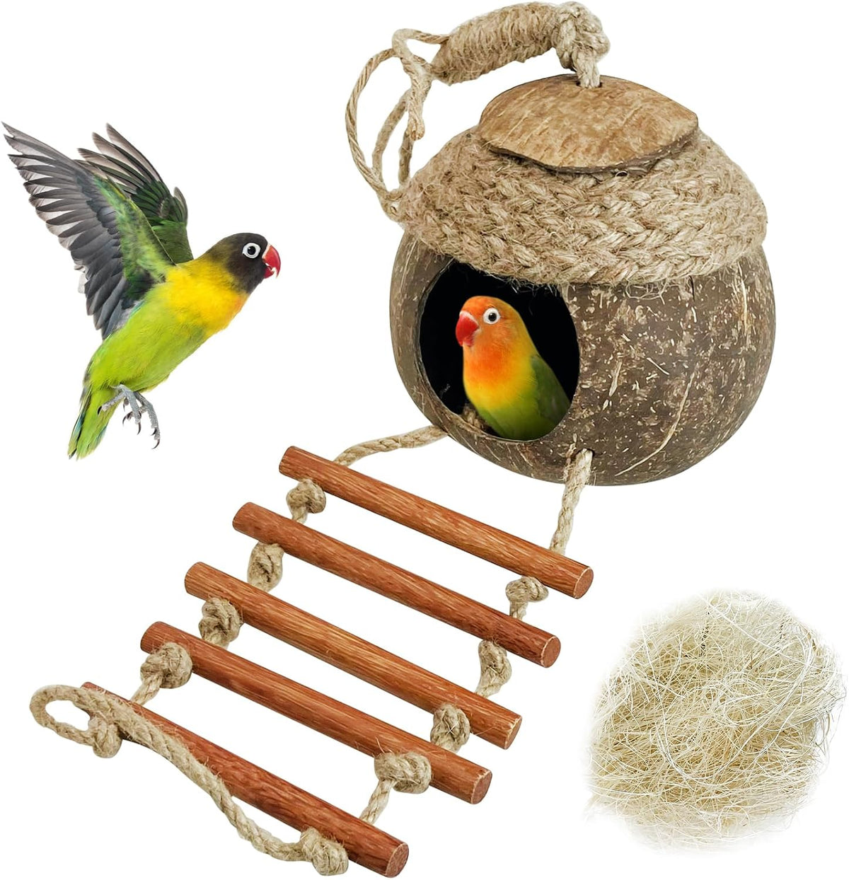 Natural Coconut Hide with Ladder Perches Hanging Bird House Toy - 1pc Coconut Hide with Ladder &Rope