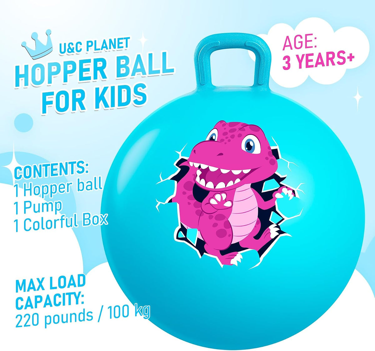 U&C Planet Hopper Ball, 18In Bouncy Ball with Handle for Kids Ages 3-6 – Fun for Kids & Family - 3-6 Years / Blue Dinosaur - image 2