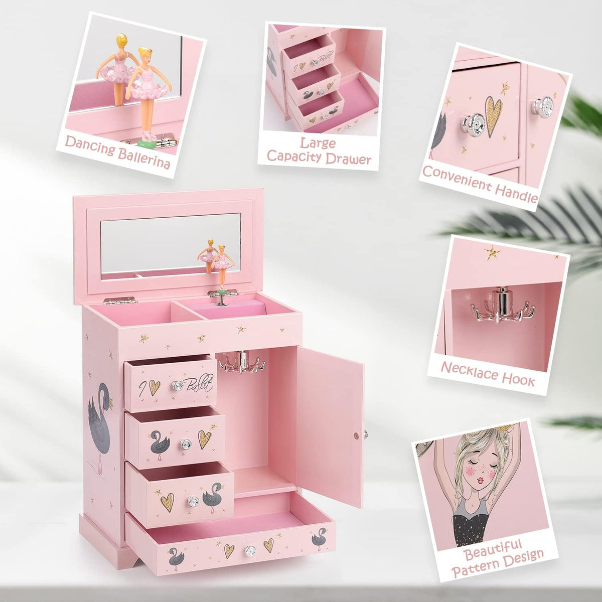 Jewelry Box for Girls 8.9 x 4.92 x 10.98 inch Large 5 Layer Music Box - Pink - image 2