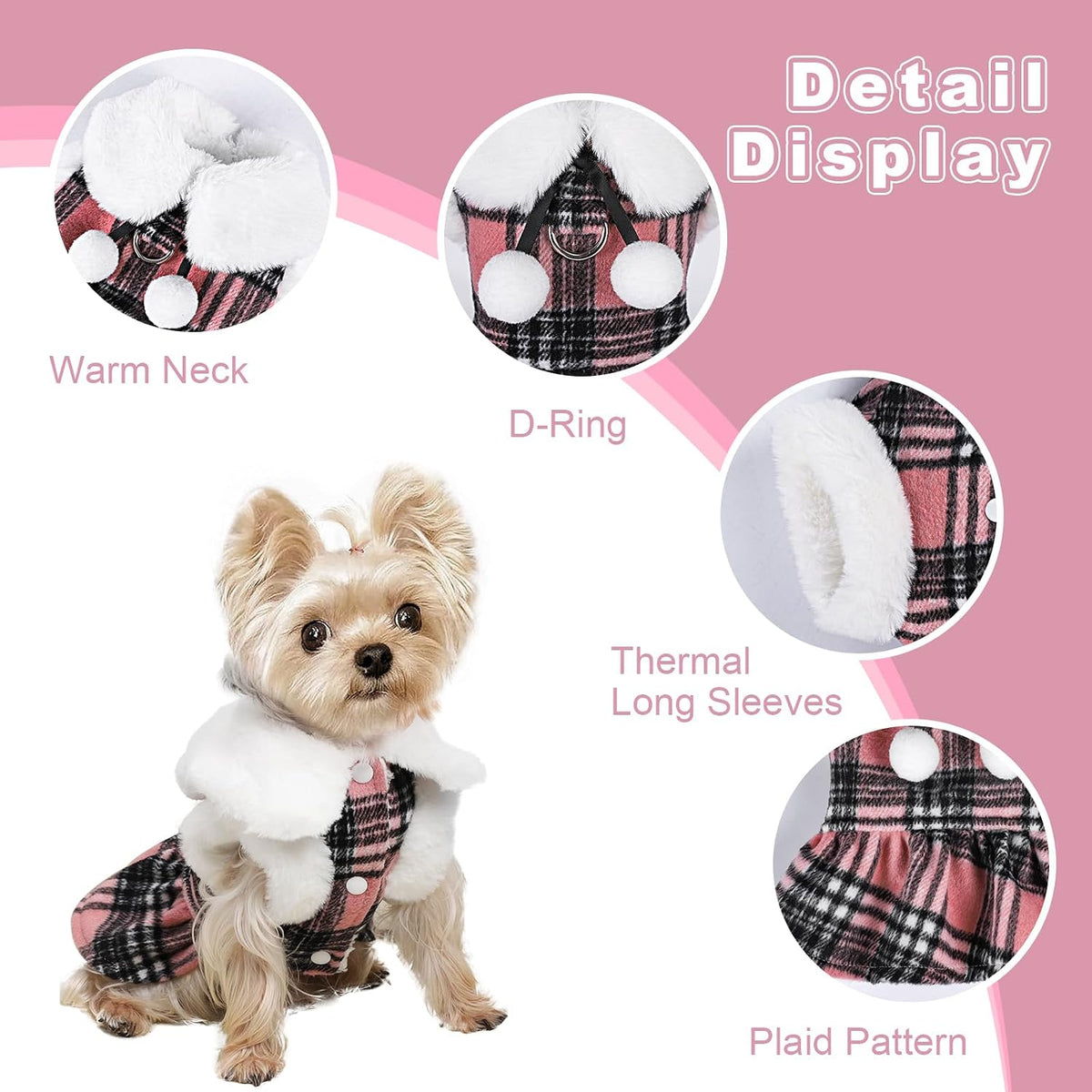 Dog Sweater with Leash Set D Ring Plaid Fleece Dog Clothes for Small - XX-Small (Chest 11in ) / Pink with Leash - image 3