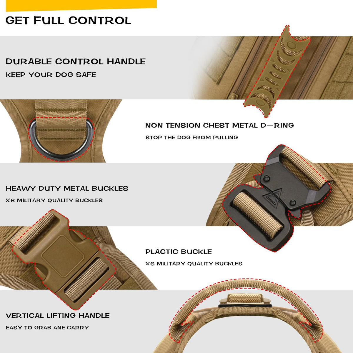Tactical Dog Backpack Harness for Large Breed Original Design Metal - M / Khaki (with 2 pouches) - image 2