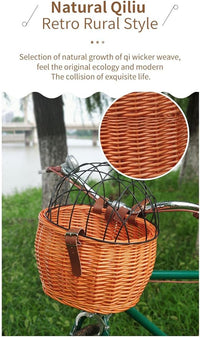 Shiker Basket with Wire Mesh Cover, Wicker Bike Basket for Small Dogs Cats, Front Handlebar Bike Basket, Easy to Detachable, 11.81 x 9.84 inch