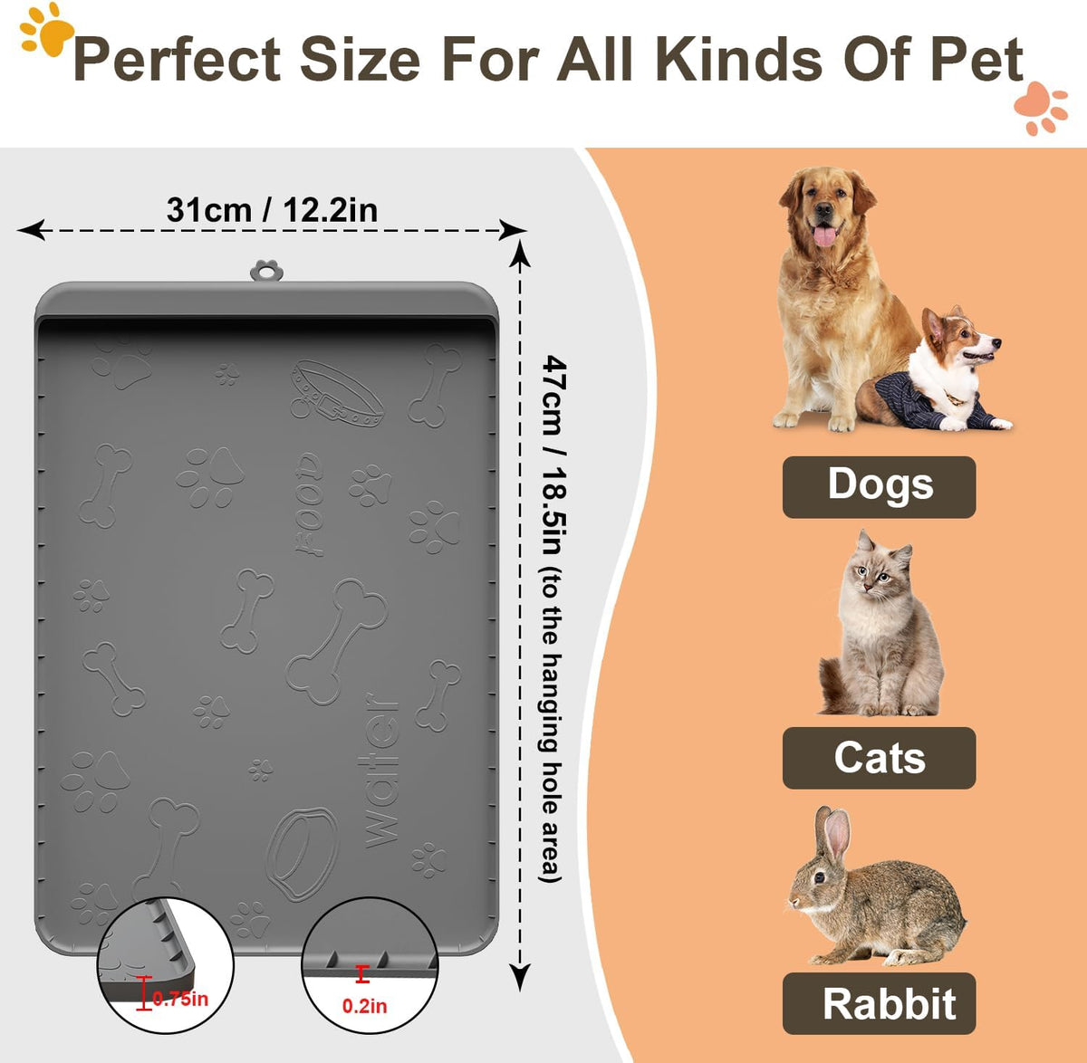 Dog Food Mat 36"x24" - Silicone Dog Mat for Food and Water Large Pet Feeding Mats with Residue - Gray / 19"L x 12"W - image 4