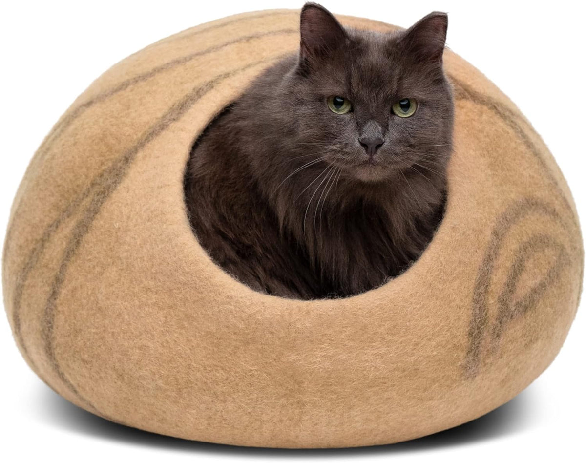 Cat Cave, New Zealand Wool Bed for Indoor Cats - Beige / Medium