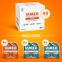 IAMS Perfect Portions Adult Wet Cat Food Cuts in Gravy, Chicken, Tuna, and Salmon Recipe Variety Pack, 2.6 oz. Easy Peel Twin-Pack Trays (24 Count, 48 Servings)