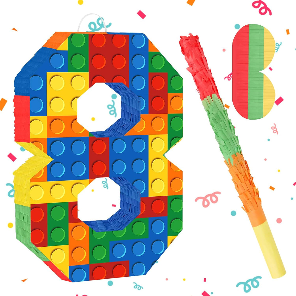 Lemicin 15.75 inch blue pinata stick kit with blindfold, rope and confetti - view 8