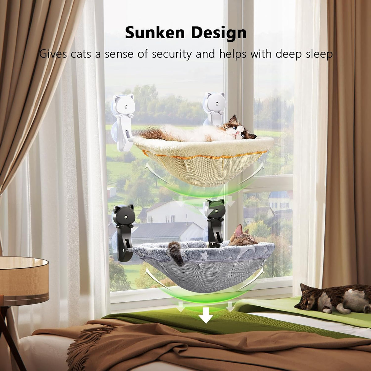 Cat Window Perch Cordless, Foldable & Stable Cat Beds - Faux Rabbit Fur-Large / Grey+Cream - image 2