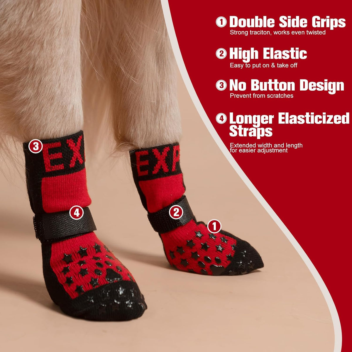 Anti Slip Dog Socks to Prevent Licking Paws with Grippers Black – Essentials for Dogs - Star Red / X-Small - image 3