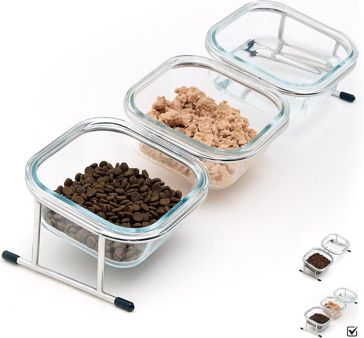 Elevated Cat Bowls, 15° Tilted Glass Raised Cat Food and Water Bowl – Essentials for Cats - 3 Glass Bowls