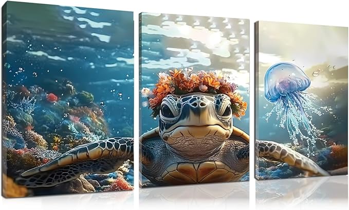 Wivsev Sea Turtle Canvas Wall Art,Under Sea Wall Art,Sea Life Pictures Wall Decor,Ocean Animal Painting for Bathroom,Living Room,Bedroom (24" x 36" x 3 pcs)