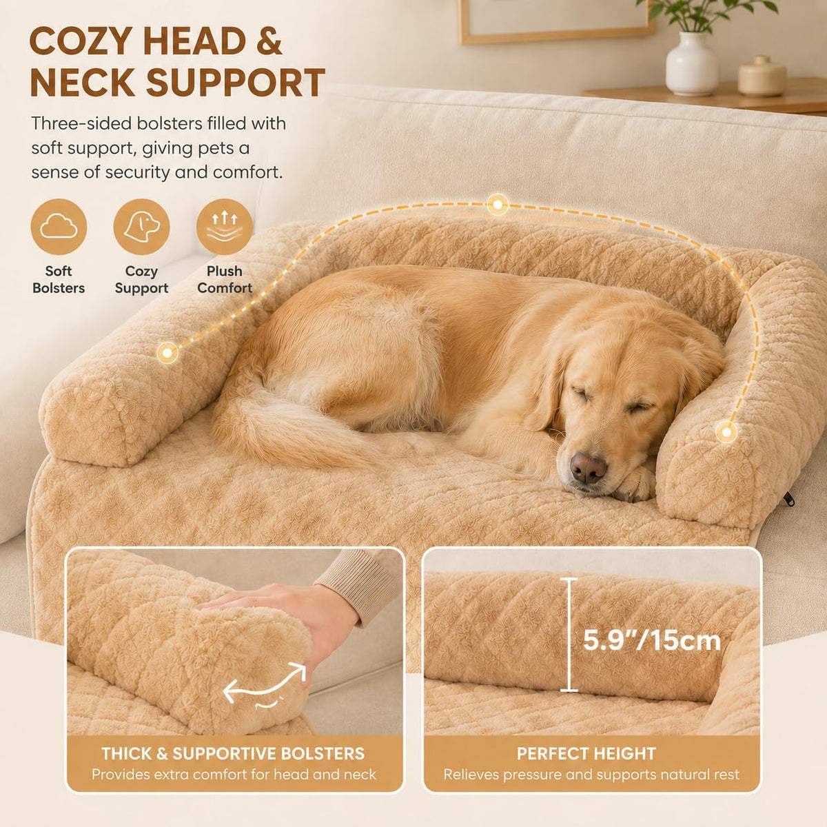 PAWBOSE Dog Couch Bed, Plush Sofa Mat, Washable Cover - khaki - image 2