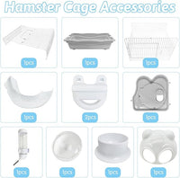 PINVNBY Dwarf Hamster Cage, Small Animal Cages, 2-Tier Travel Portable Mouse Cage Hamster Carrier with Castle House Running Exercise Wheels, Water Bottle and Food Dis（Gray）