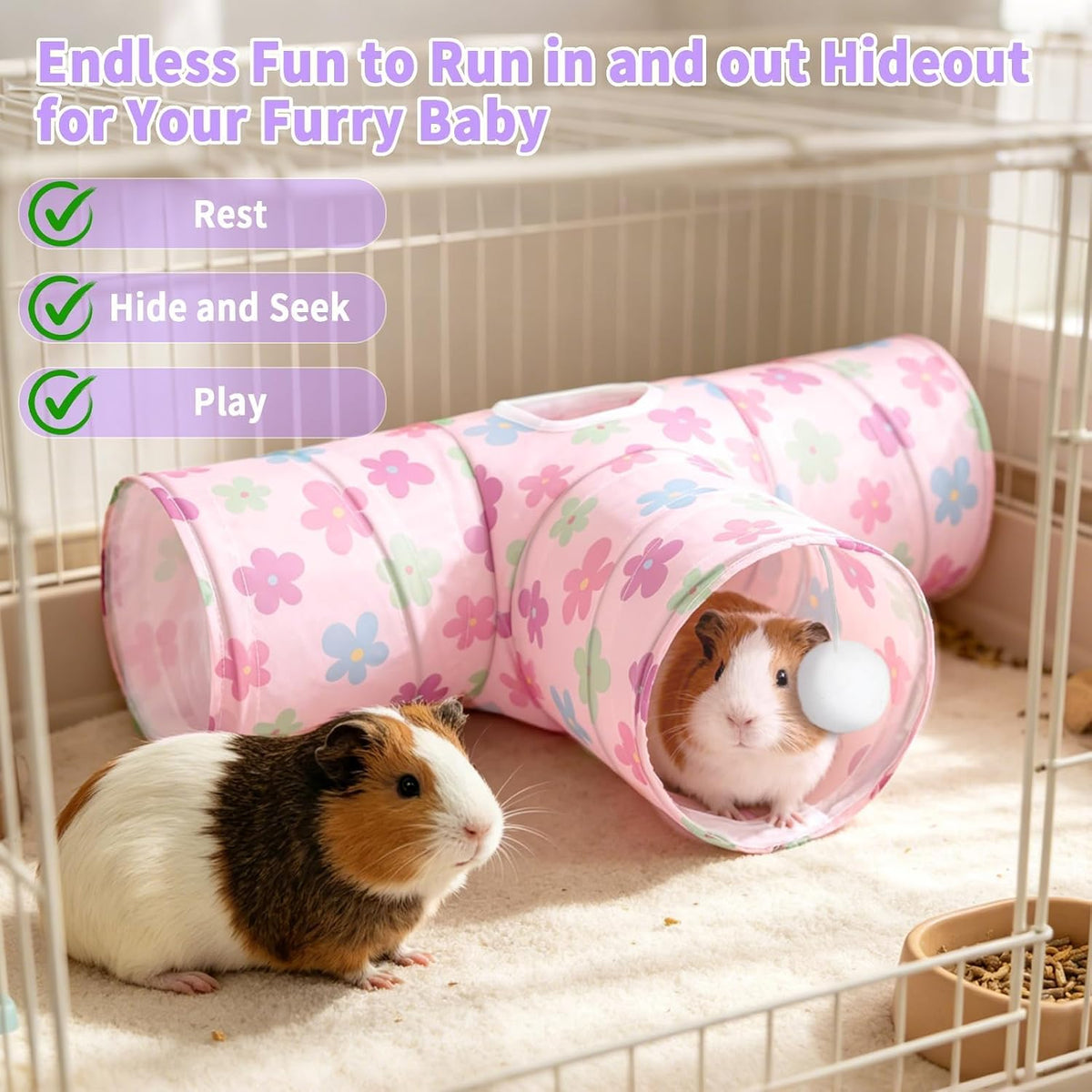 Guinea Pig Tunnel Hideout 3-Way Collapsible Small Pet Tubes - Flower - image 4
