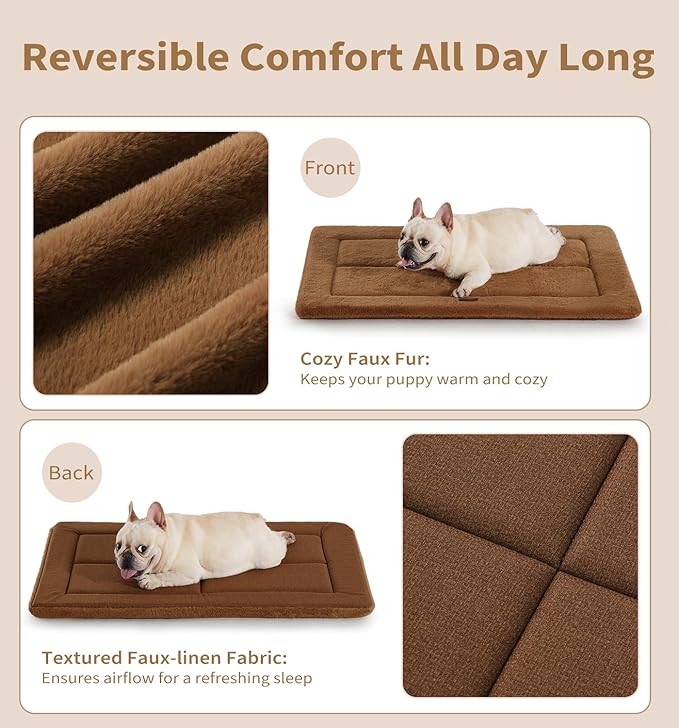 Made4Pets Dog Crate Pad Bed for Small Dogs, Washable & Reversible, Anti-Slip Kennel Mat for Cozy Sleeping, Soft Fluffy Dog Bed for Indoor & Outdoor Use, 24"x18", Brown