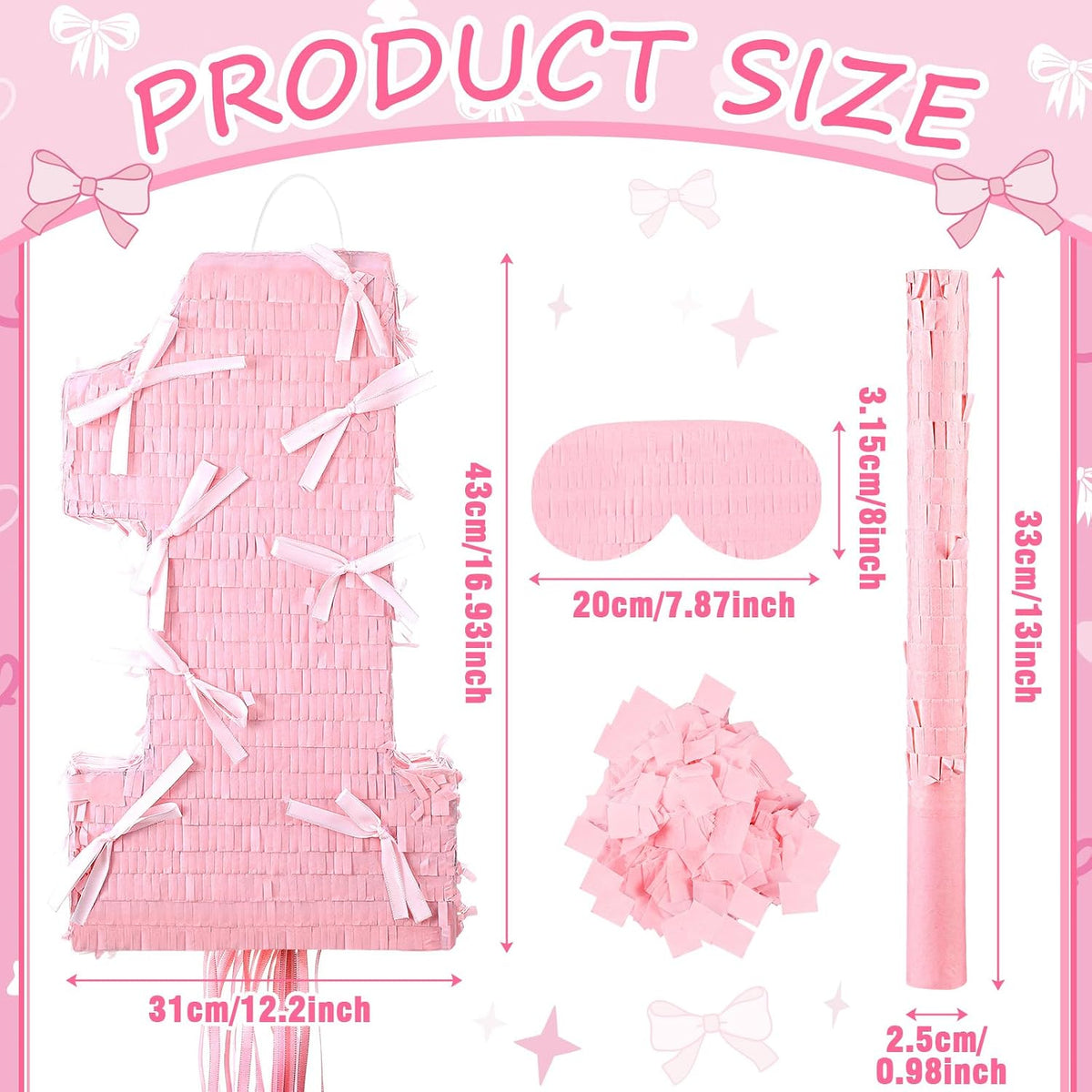 Feifeiya pink bow piñata with pink and white bat, eye masks and confetti - view 22