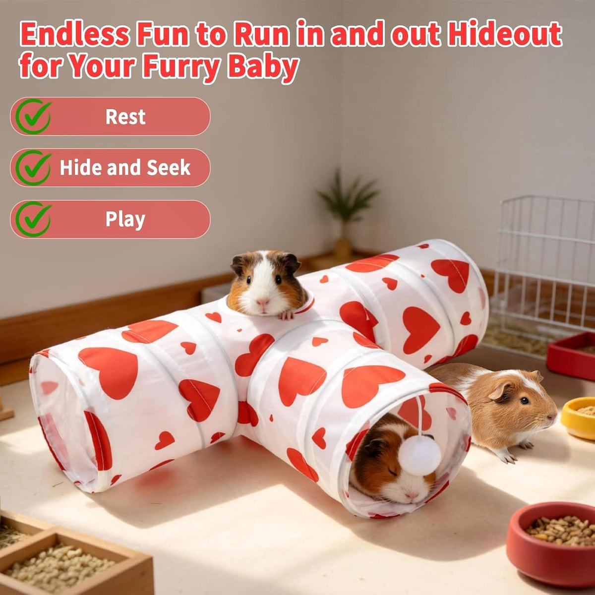 Guinea Pig Tunnel Hideout 3-Way Collapsible Small Pet Tubes - Heart - image 4