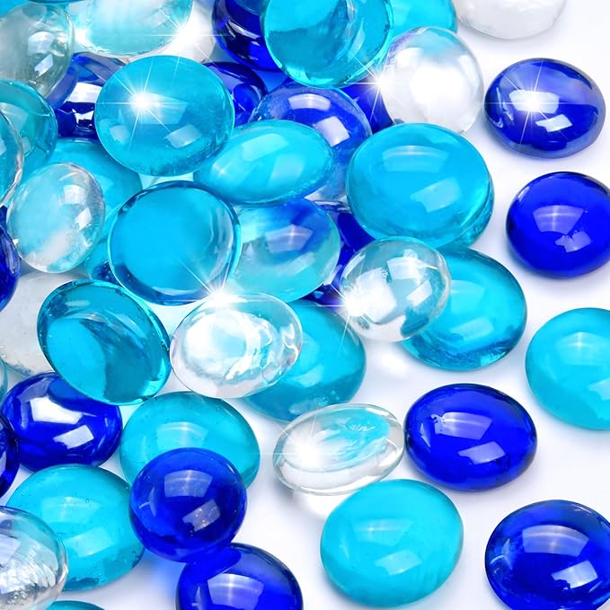 5LB Blue Mix Flat Glass Marbles for Vases, Mancala Stones Gemstone Beads Vase Filler Decorative Glass Pebbles for Fish Tank, DIY Crafts, Aquarium Decor Rocks