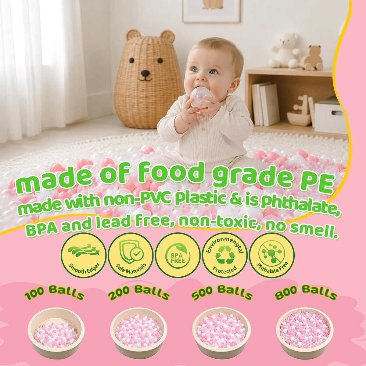 Ball Pit Balls Pack of 100 200 500 - Pink+White+Transparent / 500 balls - image 3