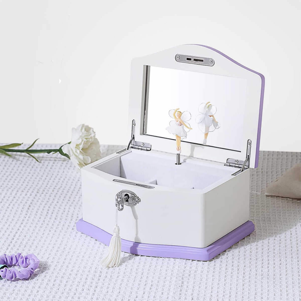 Ballerina Musical Jewelry Box with Mirror for girls，Kid's Jewelry - white/purple-medium