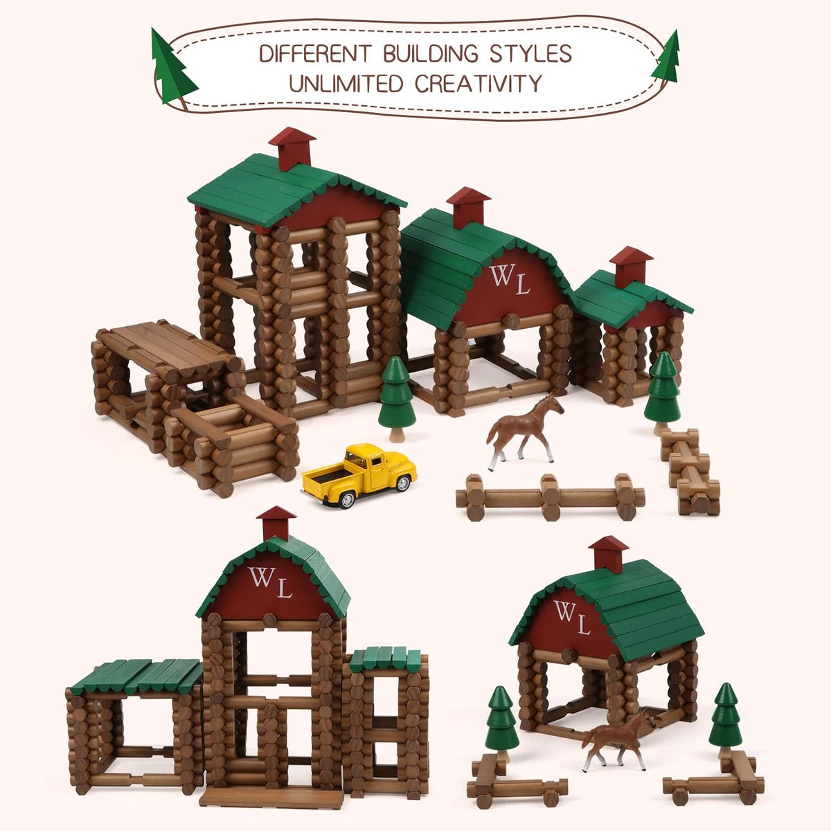 Wondertoys 208 Pcs Wooden Log Set, Classic Building Logs Ages 3+ - 330PCS Villas - image 2