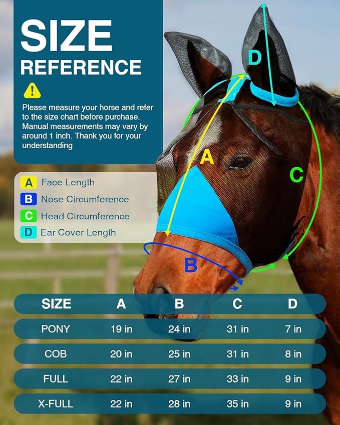 Hilltown Adjustable Fly Mask for Horse with Ears - UV-Block, Large Eye Space, Breathable, Built to Last, Comfort Fit - Horse Fly Mask for Daily Stable, Hot Weather Riding & Competition - Pony, Blue