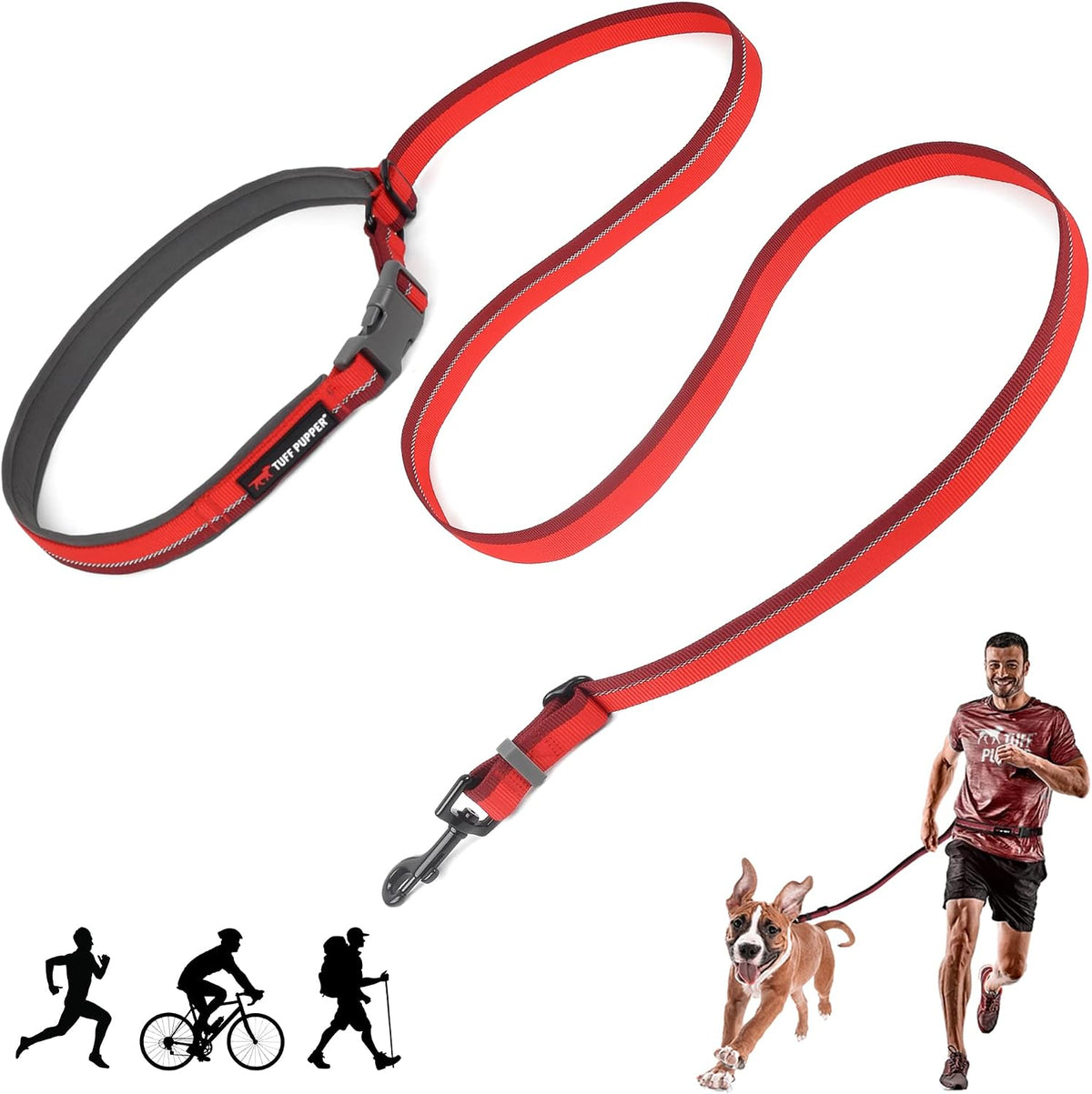 Tuff Pupper Hands Free Adjustable Length Dog Leash - Fiery Red / Adjustable