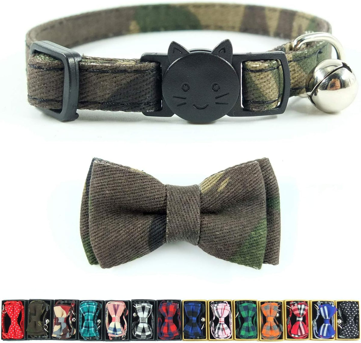 Cotton cat collar with removable bowtie, detachable bell and breakaway clasp