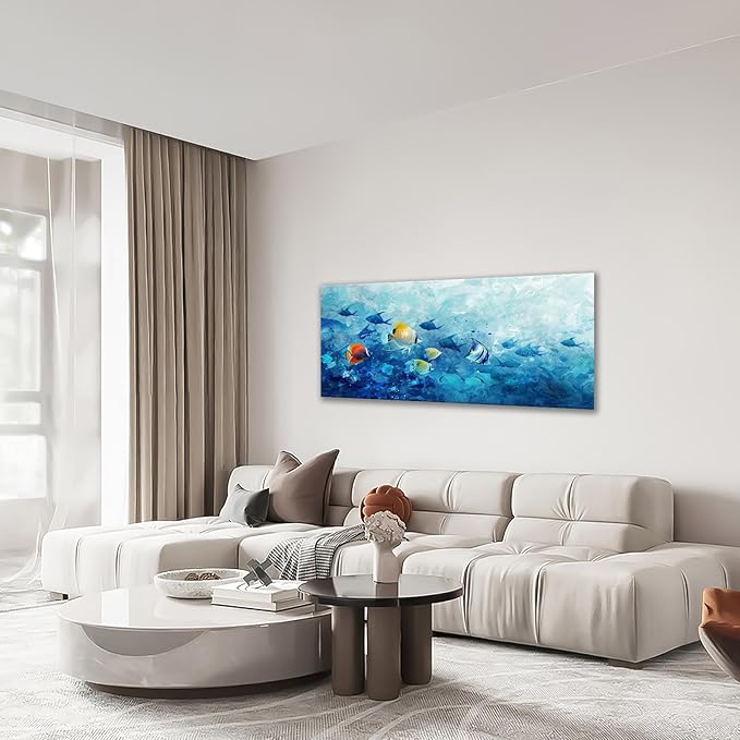 Extra Large Wall Art Tropical Fish Canvas Living Room Pictures Framed Prints Ocean Blue Oversize Wall Decor Animal Painting Artwork for Bedroom Dining Office Home 60"x30"
