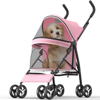 Pet Stroller with 4 Wheels for Small/Medium Pets, Portable Travel Foldable Carrier Jogger for Dog Cat Puppy Kitty, Rear Wheel Breaks, Storage Basket, Visible Mesh with Weather Cover (Pink)