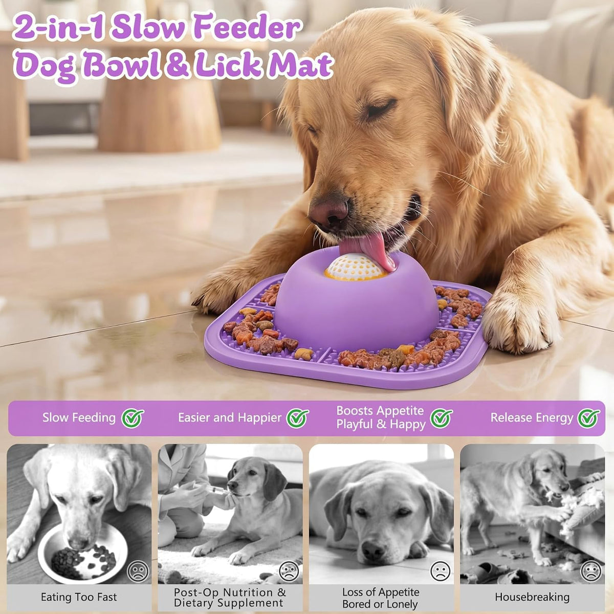 Slow Feeder Dog Bowls & Lick Mat for Liquid and Thick Treat - Large / Purple - image 2