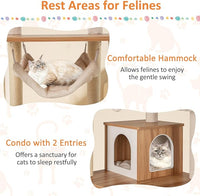 PETSITE 68 Inch Modern Tall Cat Tree for Indoor Cats, Multi-Level Wooden Cat Tree Tower with Sisal Scratching Posts, 3 Top Perches, Cat Condo, Comfy Hammock, Sisal Ramp, and Jingling Balls