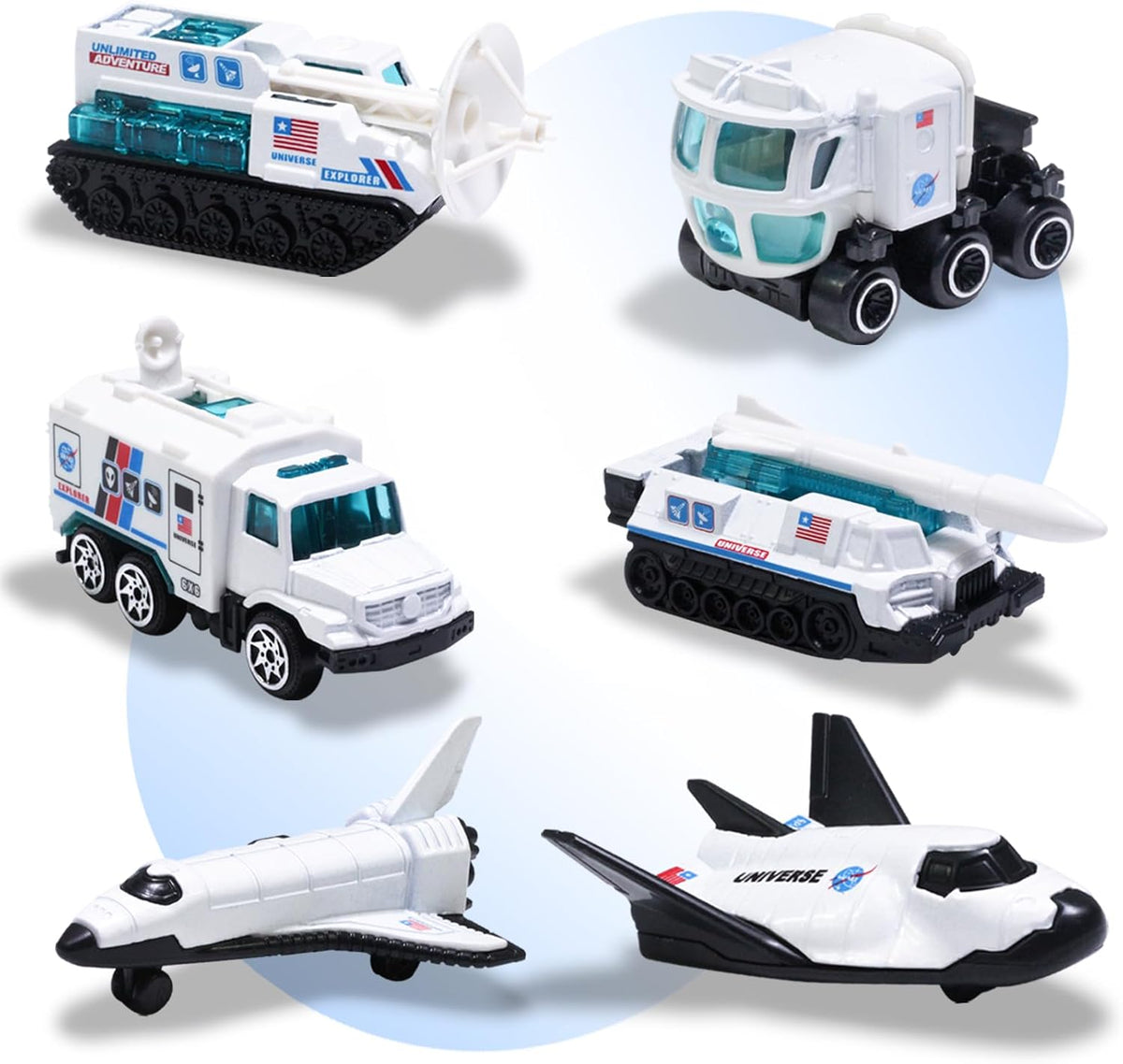 Oriate set of 6 diecast space toys with rocket ship, shuttle and rover