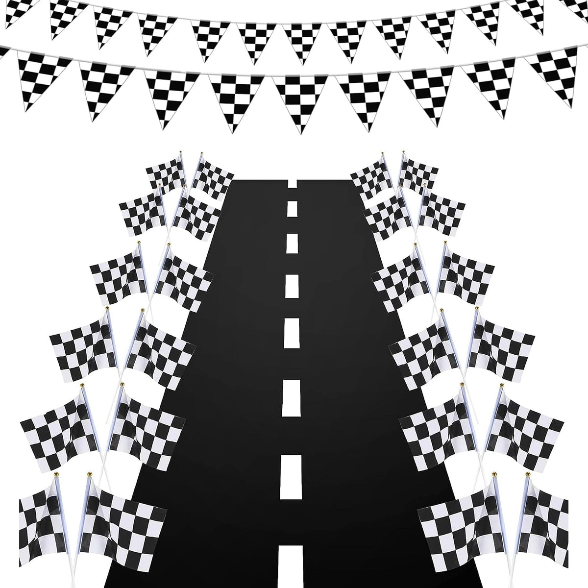 YOELVN race car party cones, six orange 7 inch traffic cones holding checkered flags - view 9