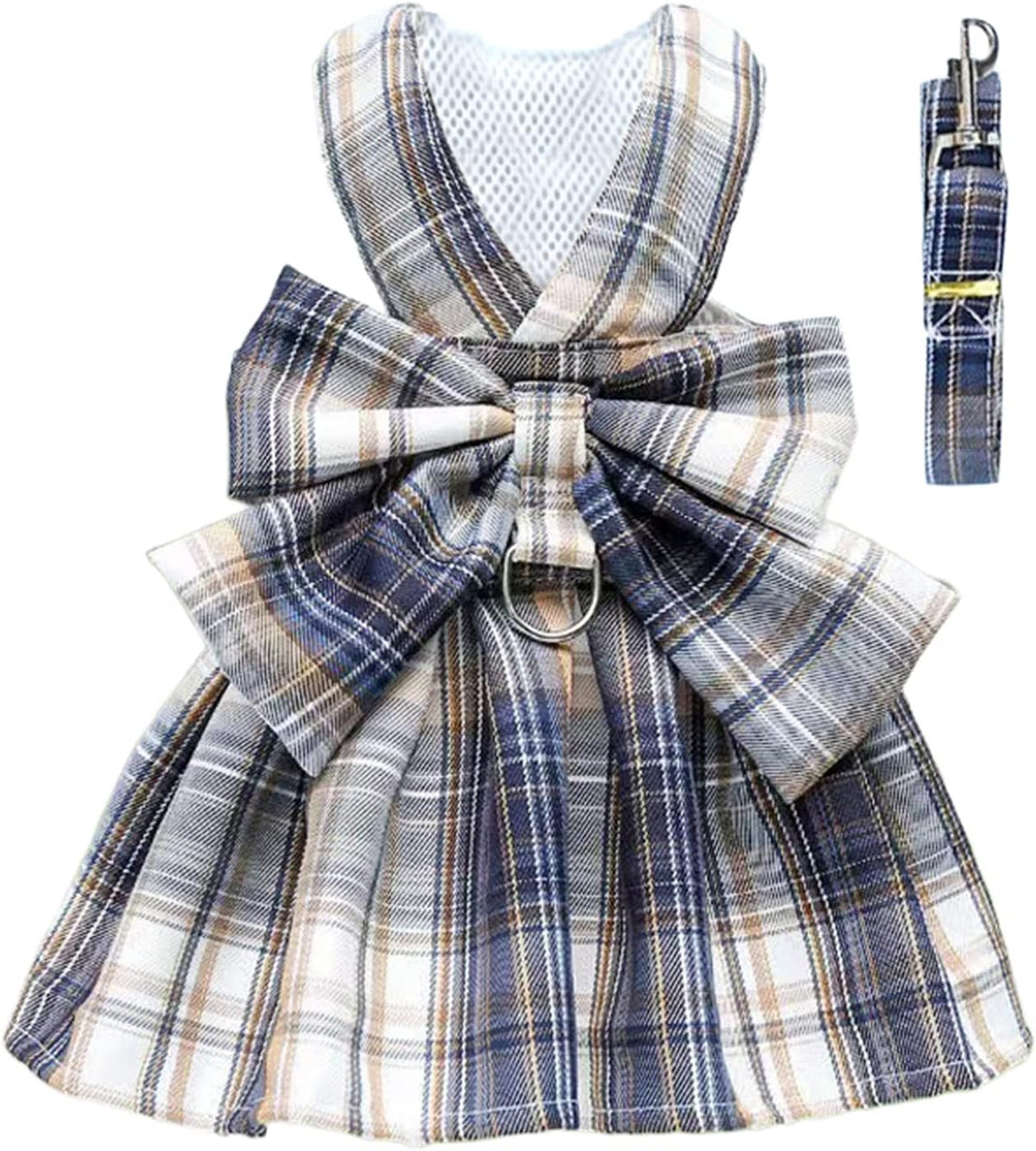 Plaid Dog Dress Bow Tie Harness Leash Set for Small Dogs Cats Girl - Navy / M ( Suggest 5-8 lbs)