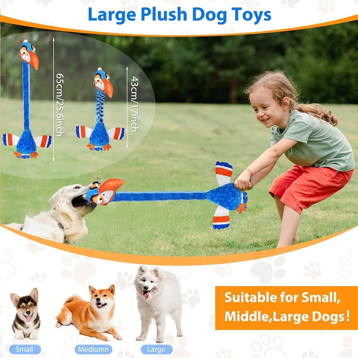 Squeaky Dog Toys for Large Dogs, Tough Tug of War Puppy Toy - Blue / Toucan - image 3