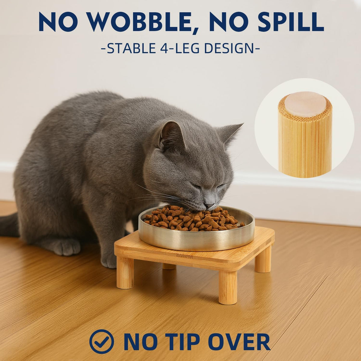 Raised Cat Bowl, Elevated Cat Bowls with Bamboo Stand, Set of 2 – Essentials for Cats - Square Stand with Stainless Steel Bowls - image 2