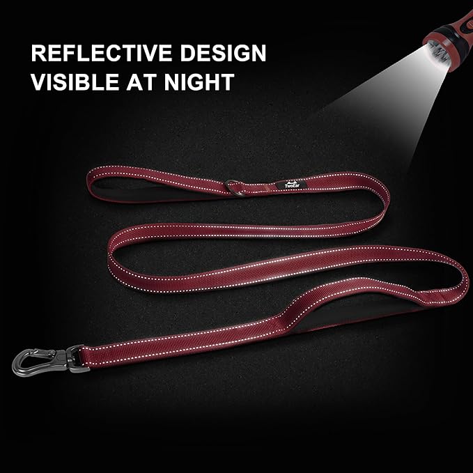 TwoEar 6FT 1IN Strong Red Dog Leash with 2 Padded Handles, Traffic Handle Extra Control, Comfortable Soft Dual Handle, Auto Lock Hook, Reflective Walking Lead for Small Medium and Large Dogs