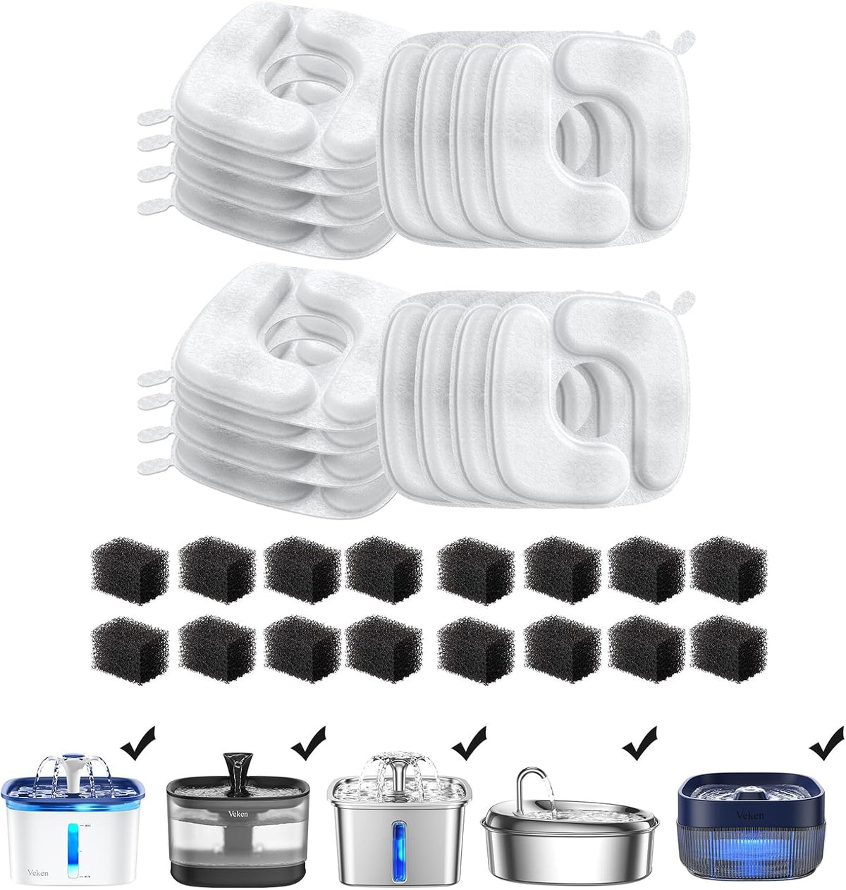 Veken Cat Water Fountain Filters, F1 Series - 16 Filters+16 Sponges (8 month supply)