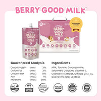 Berry Good Milk is a Lactose-Free, Vitamin-Infused Drink for Cats and Dogs. It Supports Urinary Health, Digestion, and Joint Function. Free from antibiotics, Grains, and Gluten.