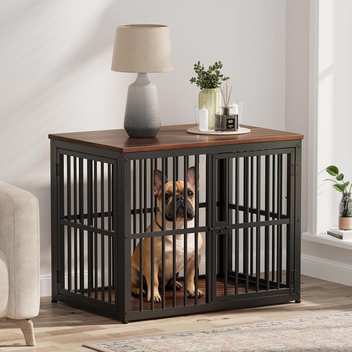 Lyromix 48'' XXL Dog Crate Furniture with 3 Doors for Large Dogs – Essentials for Dogs - Walnut / 33.1"L x 22.1"W x 26.0"H