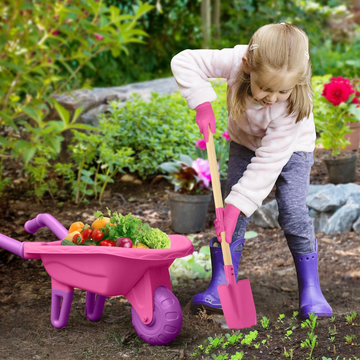 Qtioucp Kids Gardening Set with Wheelbarrow - Rose Red - image 2
