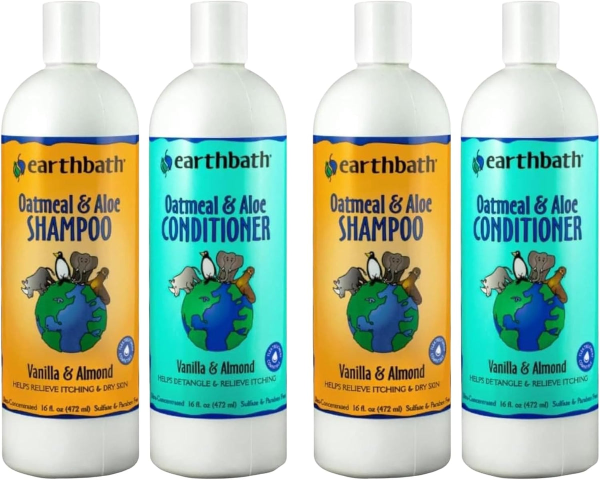 earthbath Oatmeal & Aloe Dog Shampoo and Conditioner - Vanilla & Almond / 16 Fl Oz (Pack Of 4)