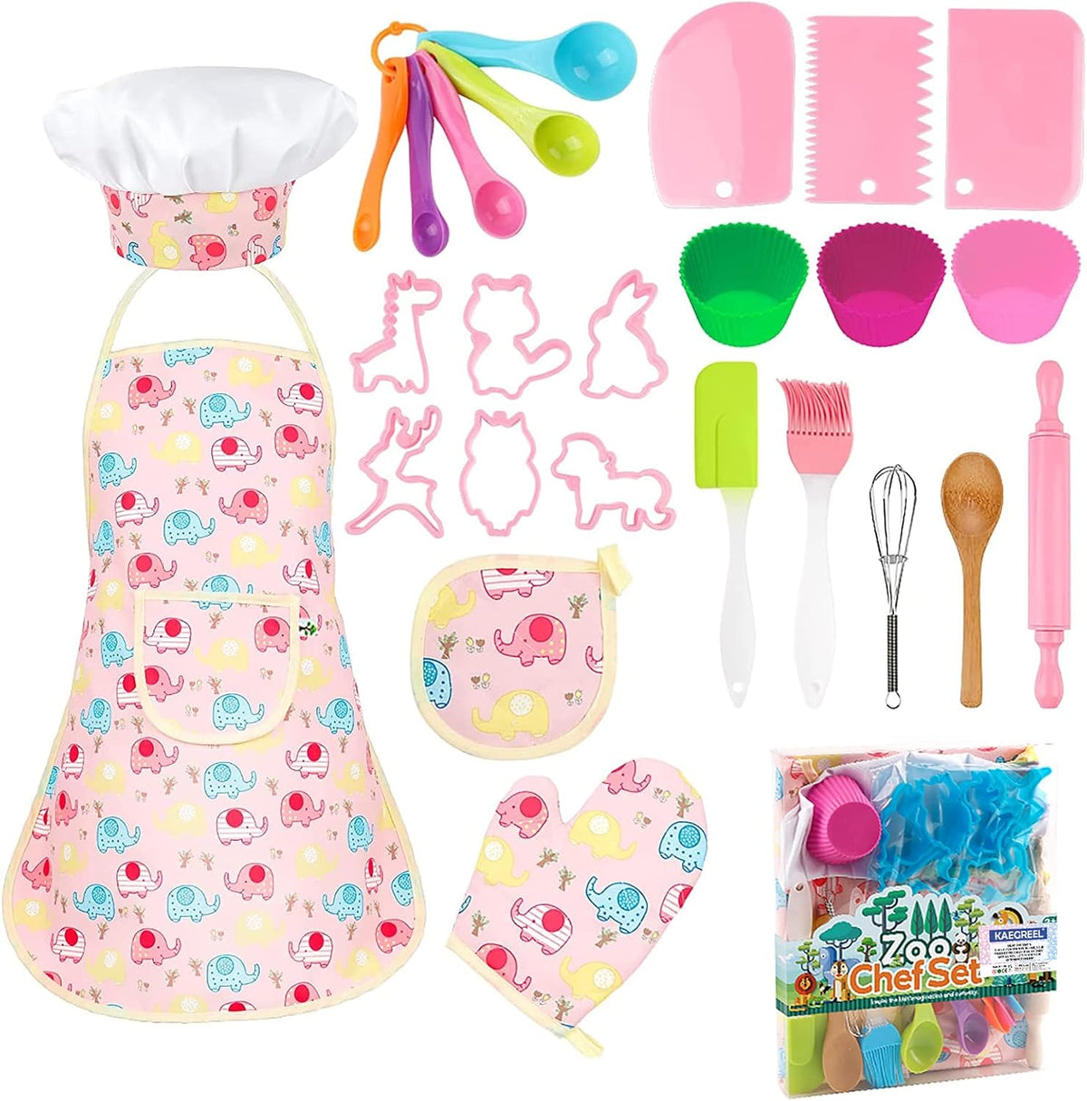 KAEGREEL Kids Baking Chef Set with Unicorn Apron and Mitt - Elephant Apron+6 Model Cookie Cutters