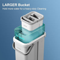 JOYMOOP Mop and Bucket with Wringer Set, Flat Squeeze Mop with Bucket (X-Large), Dust Mop for Wall Cleaner with Long Handle, Microfiber Mop - White Bucket with 3 Reusable 15" Pads