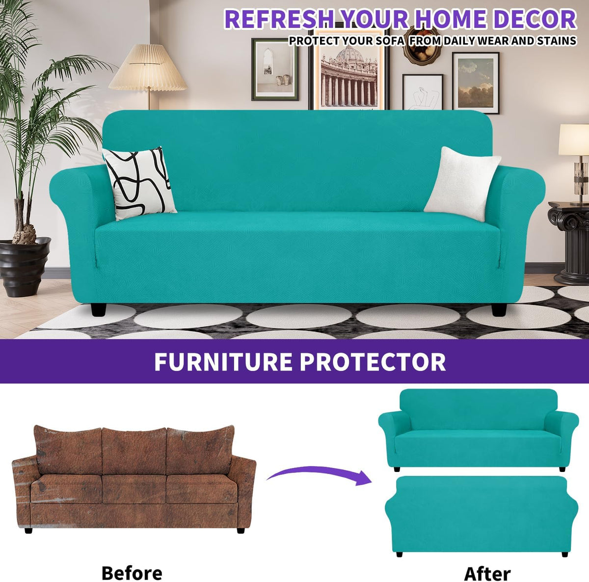 Super Stretch Couch Cover Universal Sofa Covers with Elastic Bottom - - Peacock Teal / X-Large (92"-115") - image 4