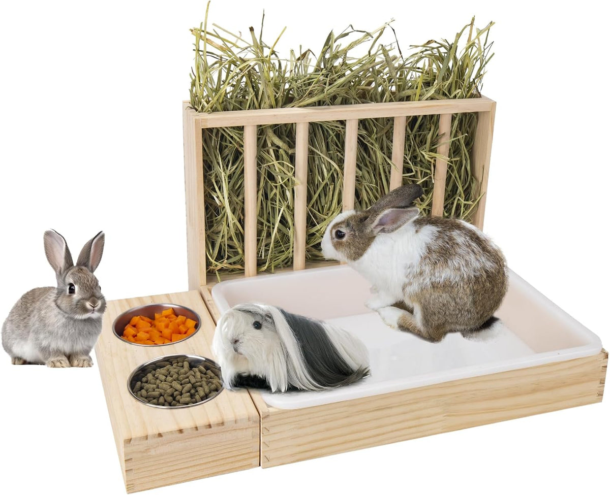 3 in 1 Rabbit Hay Feeder with Litter Box - 15.7in Style1 / Natural 1