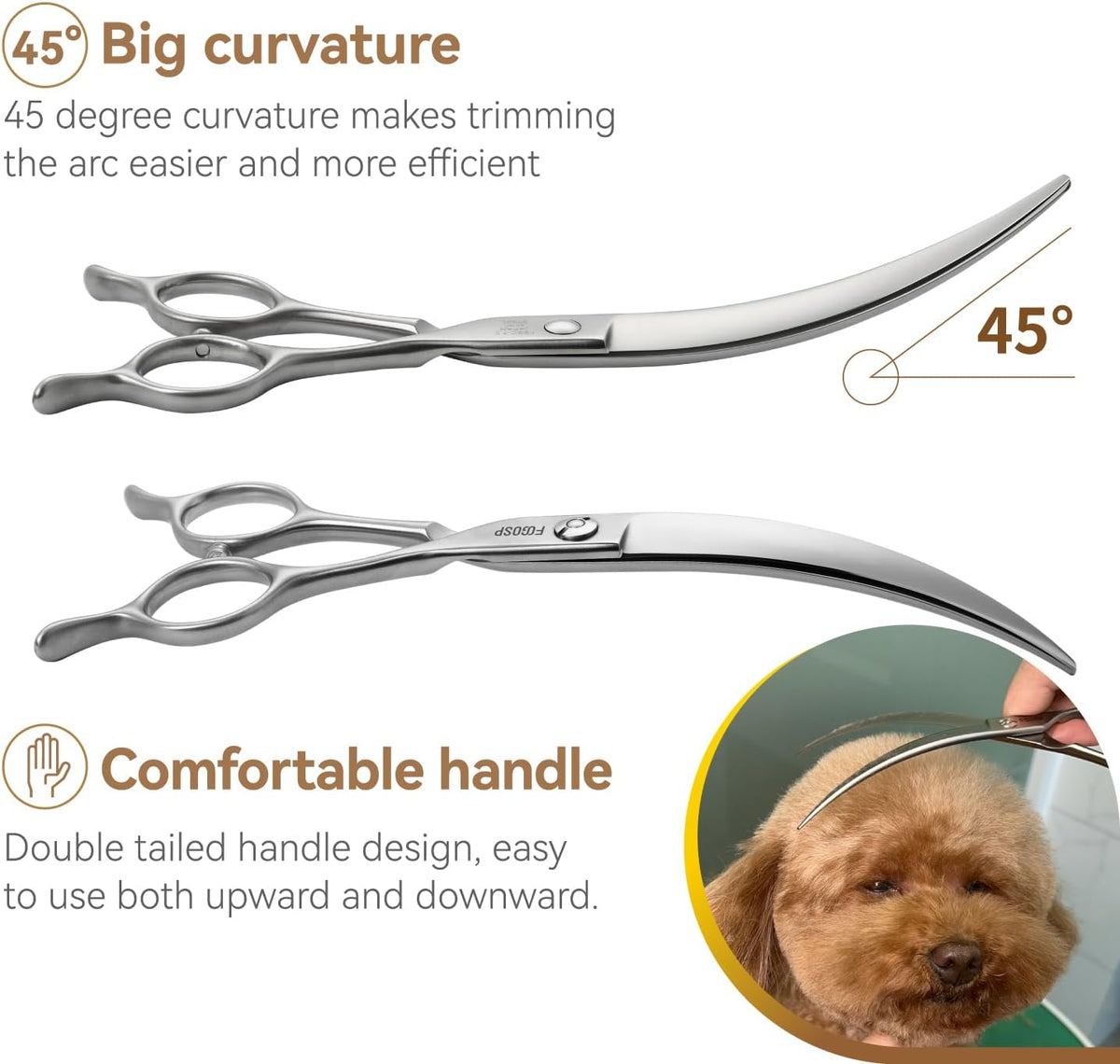 FOGOSP 45 degree curved dog grooming scissors, 7.5 inch big arc - view 2
