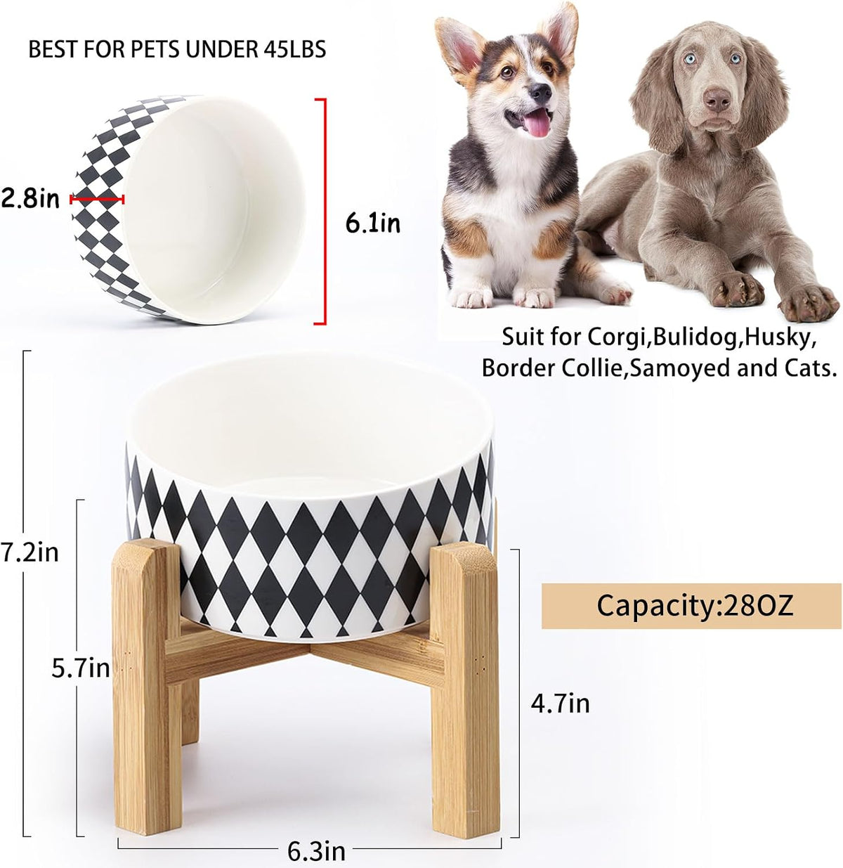 Black Raised/Elevated 15°Slanted Ceramic Dog Bowl for Small Breeds - Black Rhombus / 3.6 CUPS - Medium Dog Bowls - image 3